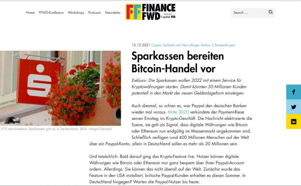 Finance Forward（ファイナンス フォーワード）：貯蓄銀行がビットコイン取引を準備 https://financefwd.com/de/sparkassen-bitcoin-handel/