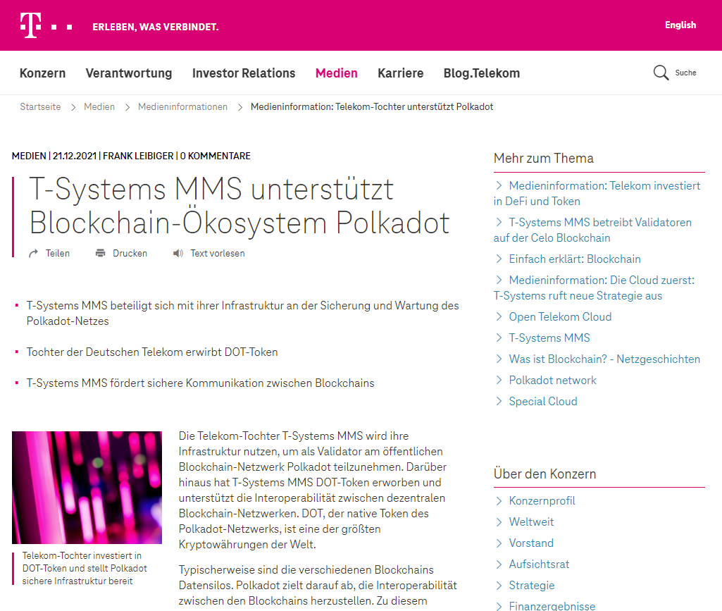 Deutsche Telekom AG：T-Systems MMSがブロックチェーンエコシステム「Polkadot」をサポート