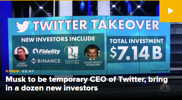 マスク氏はツイッターの暫定CEOになり、新たに多くの投資家を連れてきた
https://www.cnbc.com/2022/05/05/elon-musk-expected-to-serve-as-temporary-twitter-ceo-after-deal-closes.html