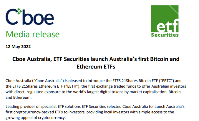 Cboeオーストラリア取引所でBTC・ETHの現物ETF上場