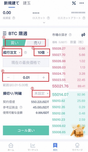 ①買い・売りを選択 ②注文の仕方を選択：成行注文は現在価格で注文をする、初心者の方におすすめする方法です。 ③レバレッジの選択 ④枚数（ロット数）を設定 ⑤利確損切を設定ー注文後に設定することもできます