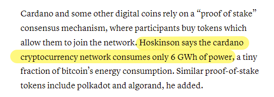 ホスキンソン氏： カルダノ暗号通貨ネットワークの年間消費電力はわずか6GWh ーCNBC